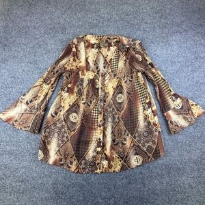 Serenade New York Blouse Top Womens S Brown Geometric Plisse Pleated Bell Sleeve